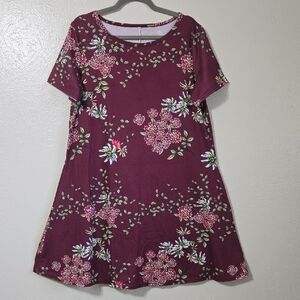Burgundy Floral Print Dress with Pockets